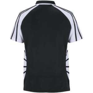 A black and white polo shirt featuring a distinctive design and a logo on the upper back.