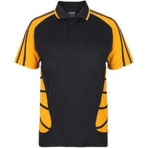 A black and yellow polo shirt with a branded logo and sporty design elements on the sides.