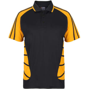 A black and yellow polo shirt featuring a logo and stylish side stripes. Suitable for casual or active wear.