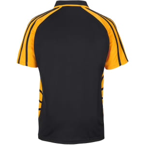 A black and yellow polo shirt featuring a logo, with contrasting stripes on the sides and a classic collar.