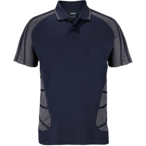 A navy blue polo shirt with grey accents and a brand logo. It features a classic collar and short sleeves.