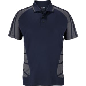 A navy polo shirt with grey accents and a logo, featuring a classic collar and short sleeves.