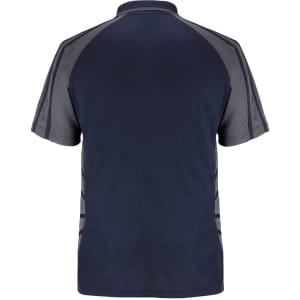A navy blue polo shirt featuring grey accents, with a plain back and a subtle logo.