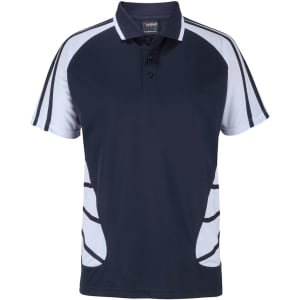 A navy polo shirt with white accents and a logo, featuring a classic collar and a relaxed fit.