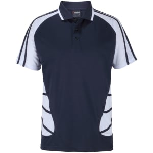 A navy blue polo shirt with white accents and a logo. Features a classic collar and button placket.