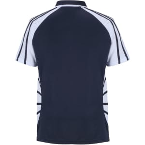 A navy and white polo shirt featuring a contrasting design and a logo on the back.