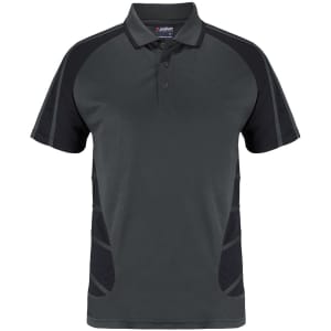 A polo shirt featuring a dark grey body with black accents and a logo on the collar.
