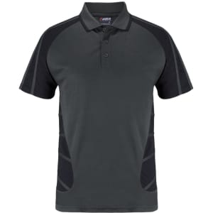 A dark grey polo shirt featuring black accents, with a collar and short sleeves. It has a logo on the chest.