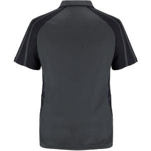 A dark grey polo shirt with black accents, featuring a logo on the back.