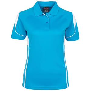 A women's polo shirt in bright blue with white detailing and a logo on the chest.