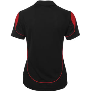 A women's polo shirt in black with red accents, featuring a logo on the back.