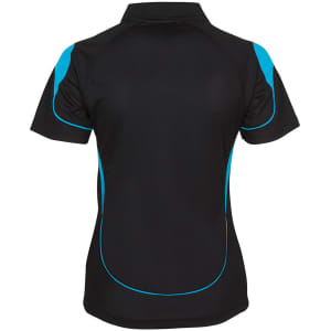 A black polo shirt for women featuring blue accent lines and a logo on the back.