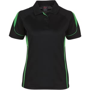 A black polo shirt with green accents and a logo. Short sleeves and a classic collar design.