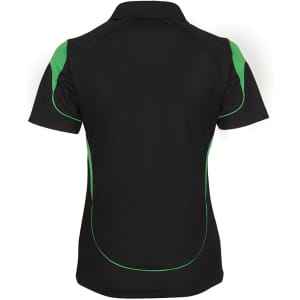 A black polo shirt with green accents, featuring a collar and a logo. Back view displayed.