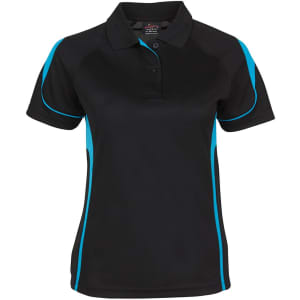 A black ladies' polo shirt featuring turquoise accents and a logo on the chest.