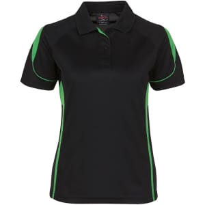 A black polo shirt with green accents and a collar. The shirt features a logo on the upper side.