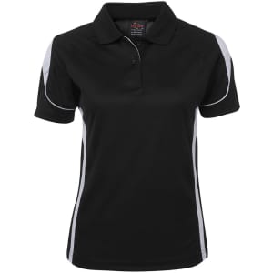 A black polo shirt with white accents and a collar, featuring a logo.