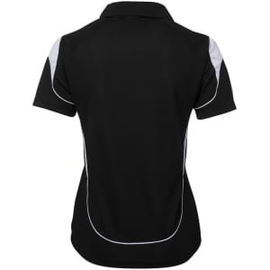 A black women's polo shirt featuring white accents and a logo on the back.