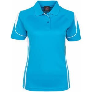 A turquoise polo shirt for women with white accents and a branded logo on the chest. Short sleeves and a classic collar.