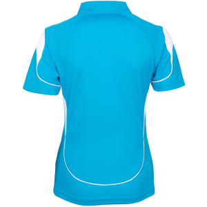 A ladies' polo shirt in bright blue with white accents and a logo on the front. Back view displayed.