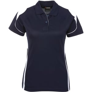 A navy polo shirt with white detailing and a logo, featuring a classic collar and short sleeves.