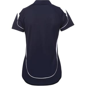 A navy polo shirt with white detailing and a logo on the back. Features short sleeves and a collar.