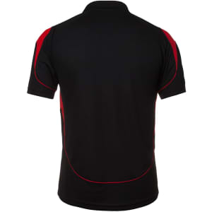 A black polo shirt with red accents and a logo on the back.
