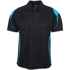 A black polo shirt with turquoise accents and a three-button placket. Features a logo on the upper section.