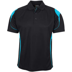 A black polo shirt with turquoise accents and a logo on the chest. Features a classic collar and three-button placket.