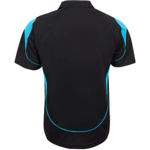 A black polo shirt with blue accents and a logo on the back.