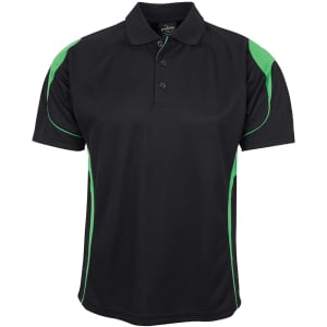A black polo shirt with green accents and a logo on the front.