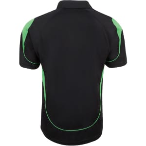 A black polo shirt with green accents and a logo on the back.