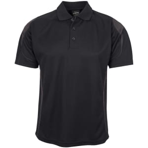 A black polo shirt featuring grey accents and a logo on the chest. It has a classic collar and button placket.
