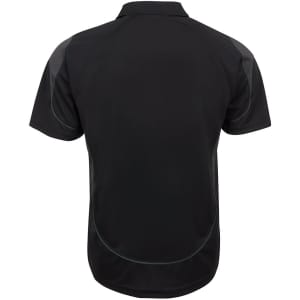 A black polo shirt featuring a sleek design and a logo on the back.