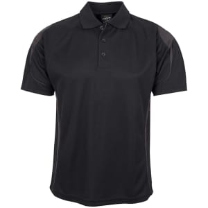 A black polo shirt with short sleeves and side detailing, featuring a collar and a logo.