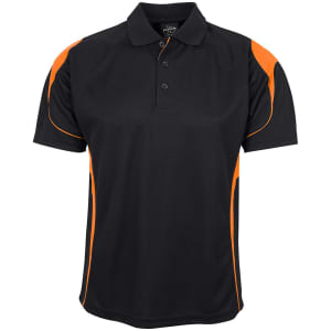 A black polo shirt with orange accents and a logo on the chest. It features a classic collar and three buttons.