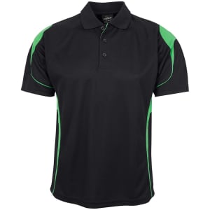 A black polo shirt featuring green accents and a logo. It has a classic collar and three-button front.