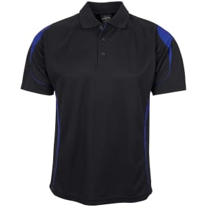 A black polo shirt with blue accent detailing and a logo on the chest area.