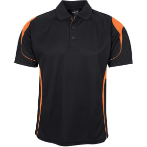 A black polo shirt with orange accents and a logo on the chest. Features a classic collar and button placket.