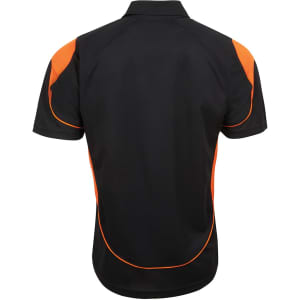 A black polo shirt with orange accents, featuring a collar and short sleeves. It has a logo on the back.