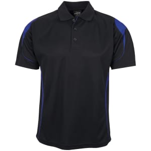 A black polo shirt with blue accents, featuring a collar and short sleeves, along with a logo.