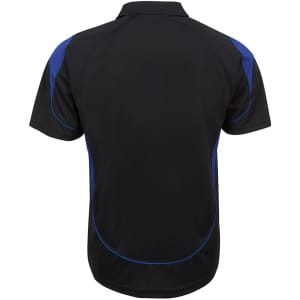 A black polo shirt with blue accents at the shoulders and a branded logo on the back.