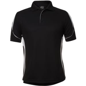 A black polo shirt with white side accents and a collar. The shirt features a logo on the front.