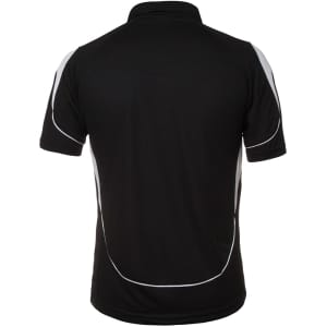 A black polo shirt featuring white detailing and an embroidered logo on the back.