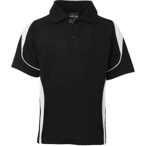 A black polo shirt with white side panels and a collar, featuring a branded logo.