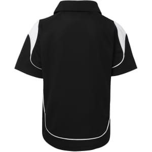 A black polo shirt with white accents and a collar, featuring a logo. The back view highlights its sporty design.