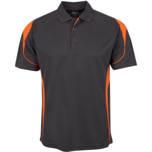 A grey polo shirt with orange accents and a collar. It features a branding logo on the upper section.
