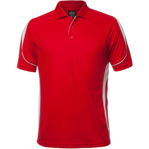 A red polo shirt with white accents, featuring a collar and a logo.