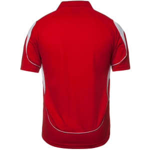 A red polo shirt featuring contrasting white panels and a logo on the front.