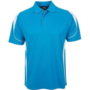 A blue polo shirt with white accents and a branded logo on the chest.